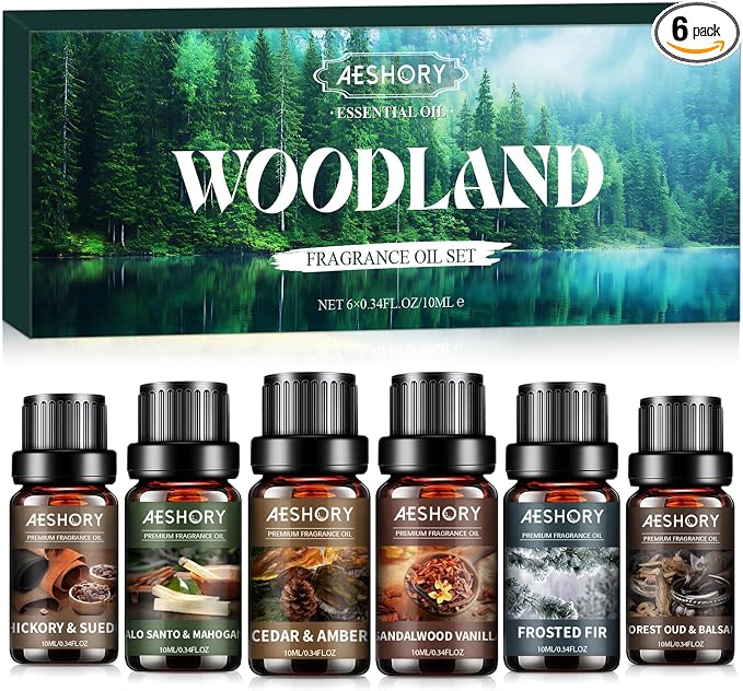 Wood Essential Oils Set, Woody Scent Fragrance Oil Kit, Aromatherapy Oils for Diffusers (6 * 10ML), Sandalwood &Vanilla, Forested Fir,Palo Santo&Mahogany,Cedar & Amber, Oud &Balsam,Hickory&Suede