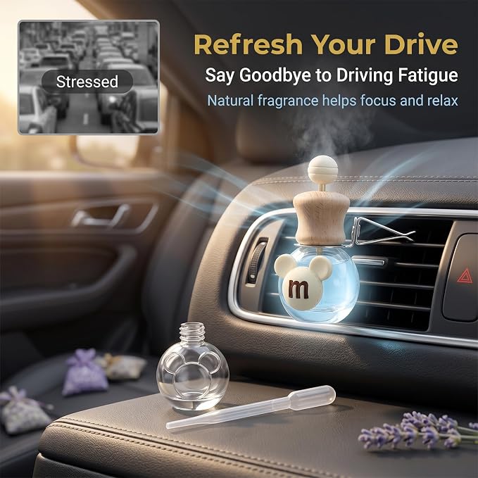 2 Pack Bear Car Vent Clip Diffuser Refillable Glass Bottle | Wood cap glass bottle with dropper, DIY essential oil freshener for car wardrobe bathroom home