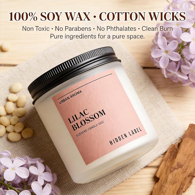Hidden Label Lilac Blossom Soy Candle, 12oz 2-Wick, 70H Floral Aromatherapy | 100% Natural Wax, Paraben & Phthalate-Free, Clean-Burning | Elegant Decor, Gift-Ready for Spring | Stress Relief & Calming