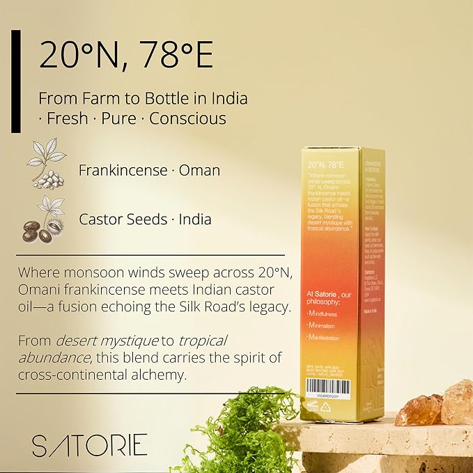 SATORIE Organic Castor & Frankincense Oil with Rose Quartz Rollerball - USDA Certified Essential Blend Oil Roll-On, Time Eraser Rollerball, for Face, Under Eyes, Anti-Aging, Dark Circles