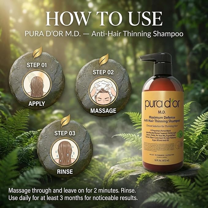 PURA D'OR MD Anti-Hair Thinning Maximum Defense Shampoo - 0.5% Coal Tar, Biotin, Proprietary Herbal Blend For Dry & Itchy Scalp, No Sulfates - For Men & Women, Strong Coal Tar Scent 16 Oz