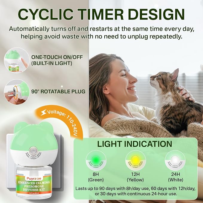 puyrzoe Cat Calming Diffuser with 3 Timing Functions, 6-in-1 Cat Pheromones Calming Diffuser Kit, 120-Day Anxiety Relief, Stress Reduction & Relaxation for All Cats (2 Diffusers + 4 Refills)