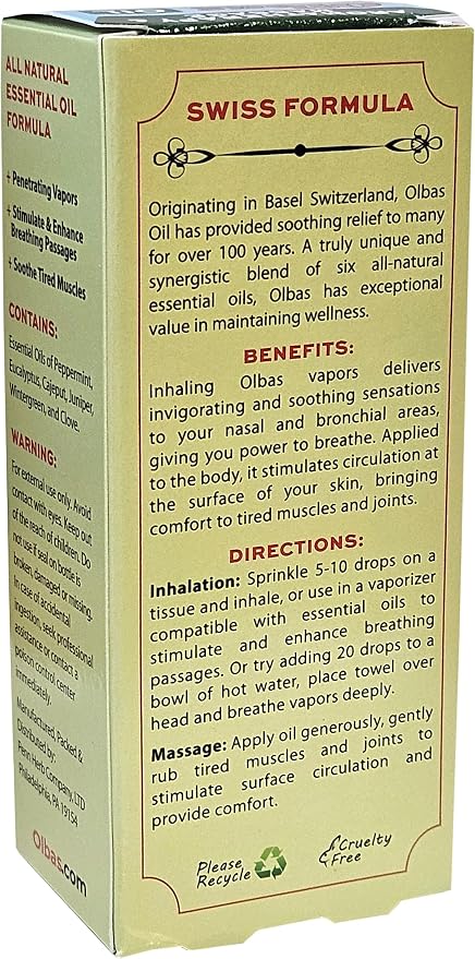 Olbas Massage and Aromatherapy Oil, 1.65 Fl Oz, Body Massage Oil with Pure Essential Oils, Aromatherapy Massage Oil with Refreshing Herbal Scent for Relaxation and Wellness