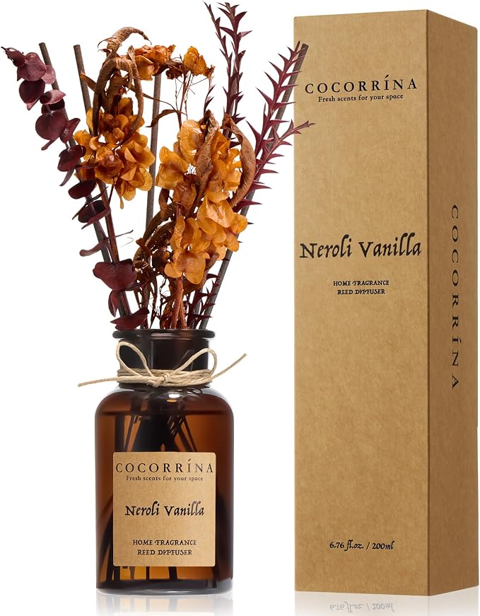 Cocorrína Reed Diffuser Set, 6.7oz Flower Reed Diffuser with Real Preserved Flowers - Neroli Vanilla Scented Oil & Sticks - Long Lasting Home Fragrance for Bedroom Bathroom Shelf Decor