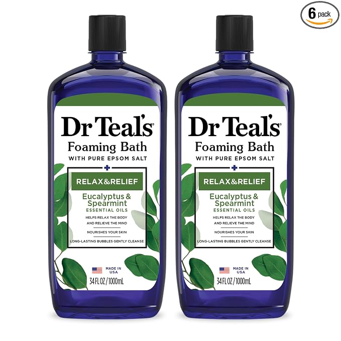 Dr Teal's Foaming Bath with Pure Epsom Salt,Relax & Relief with Eucalyptus & Spearmint,34 fl oz,2 Count (Pack of 6)