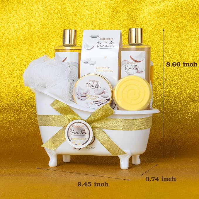 Spa Gift Basket for Women & Men Pamper Kit- 8-Piece Bath Kit Coconut Vanilla Bath & Body Gift Set for Women Self Care Spa Gift Baskets | Perfect Gifts Mom, Birthday Gift, All Occasion Holiday Present