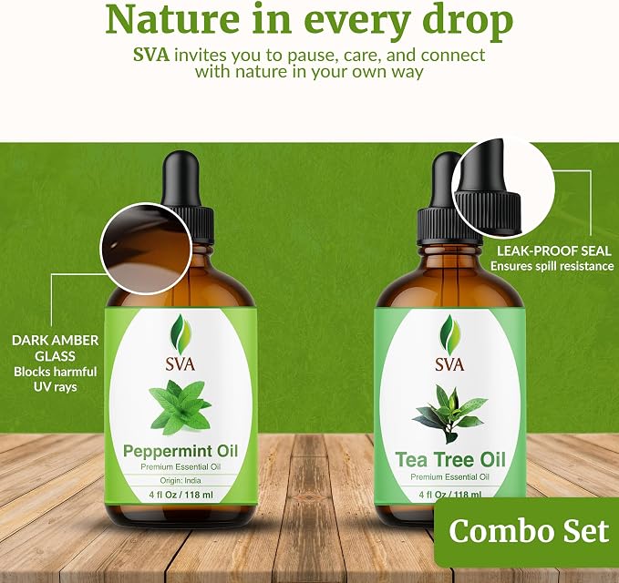 SVA Peppermint and Tea Tree Essential Oil 4 oz Bundle Super Saver Combo – Premium Grade Value Set for Hair Oiling, Scalp Massage, Hair Care, Skin Care and Body Massage