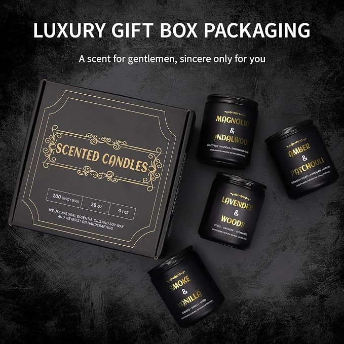 Scented Candles for Men, 4 Pack Mens Candle Gift Set, Relaxation Candles for Home Scented, 28oz Soy Wax Aromatherapy Candles of Lavender/Patchouli/Sandalwood/Smoke & Vanilla