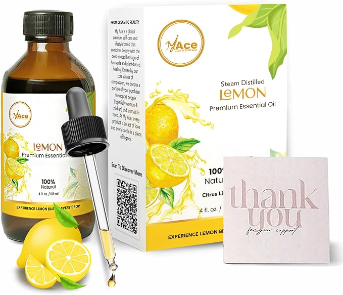 My ACE Lemon Essential Oil 4 Fl Oz - 100% Pure & Natural - Premium Grade for Aromatherapy, Diffuser, Skin, Hair, Massage, Candle & Soap Making, Home - Glass Bottle with Dropper - Long Lasting Scent