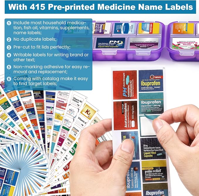 14 Grids Travel Pill Organizer Box with 415-Pcs Medicine Name Labels, Pocket Daily Pharmacy Case Container, Travel Medication Holder Dispenser Kit for Fish Oil Vitamin Supplement Storage -Clear Purple