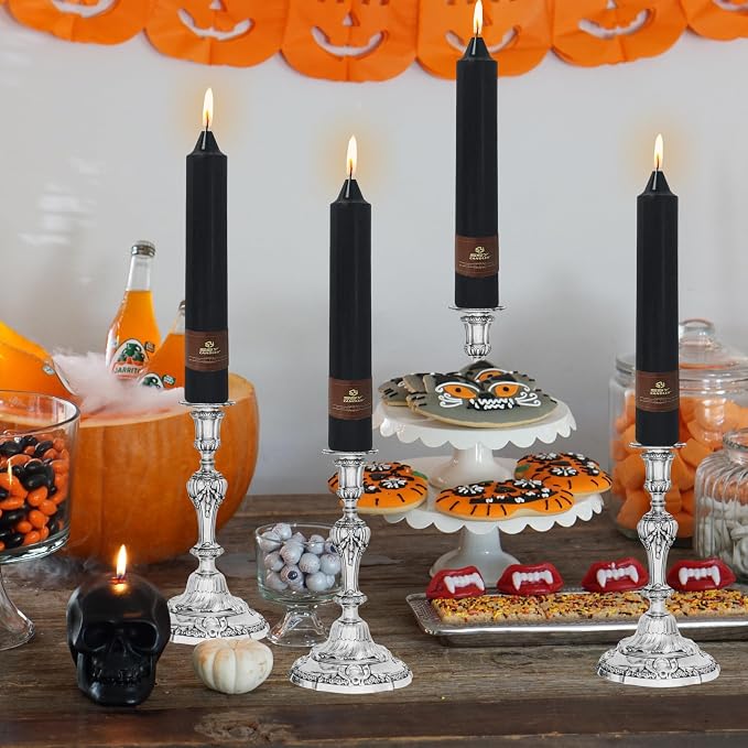 Black Halloween Taper Candles 4 Pack Hand-Poured 9 Inch Unscented Long Tapered Candles for Spooky Decor, Haunted Houses & Gothic Weddings - Clean Burning, Smokeless & Odorless