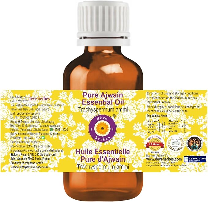 Deve Herbes Ajwain Essential Oil (Trachyspermum ammi) Pure | Non-Sticky | Non-Greasy | Lightweight | Men & Women | All Skin Types | Steam Distilled 50ml