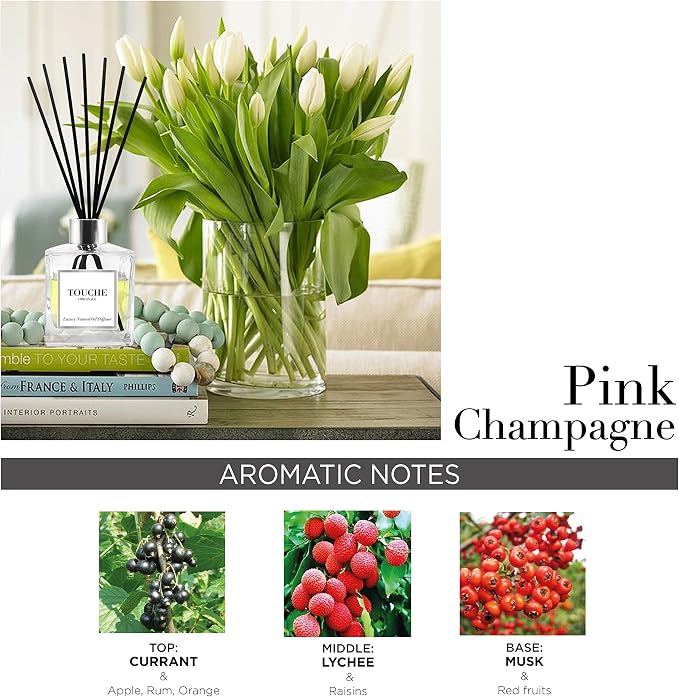 Touche Luxury Natural Reed Diffuser. Long Lasting Scented Home Fragrance. Natural Essential Oil Alcohol-Free. 4.75 OZ. Glass Bottle (Pink Champagne - Clear Bottle)