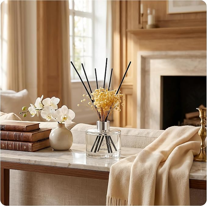 Reed Diffuser Set (6.7fl oz), Natural Bamboo Essential Oil Fragrance with Glass Bottle, Black Rattan Sticks & Preserved Flowers, Up to 120 Days Lasting Fragrance for Home & Office