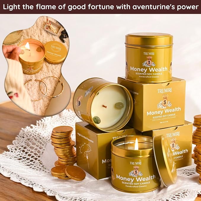 Money Wealth - Crystal Candles for Home Scented - Pack of 3 x 5oz Soy Wax Natural Clean Organic Non Toxic with Essential Oils - for Cash Luck Manifestation - Long Lasting Candel
