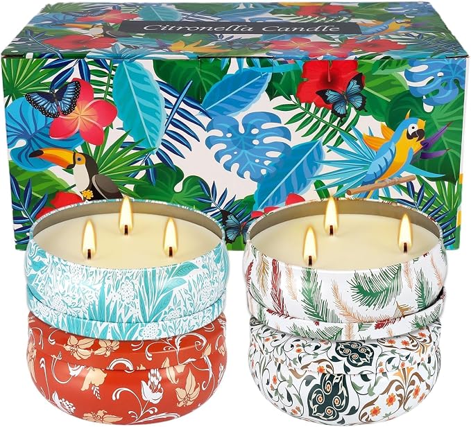 4-Pack Citronella Candle Set in Decorative Tropical Flower Tin Boxes - 3-Wick Functional Decorative Candles for Indoor & Outdoor Use - Perfect for Camping, Travel, BBQ, Picnics, and Mother's Day Gift