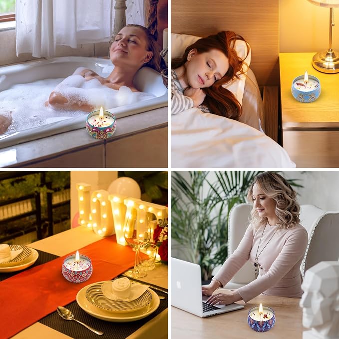 Scented Candles Gift Set for Women 4 Pack Soy Wax Candles with Dried Flowers Reusable Tin Aromatherapy Relaxation Gift for Birthday Mothers Day Valentines Day