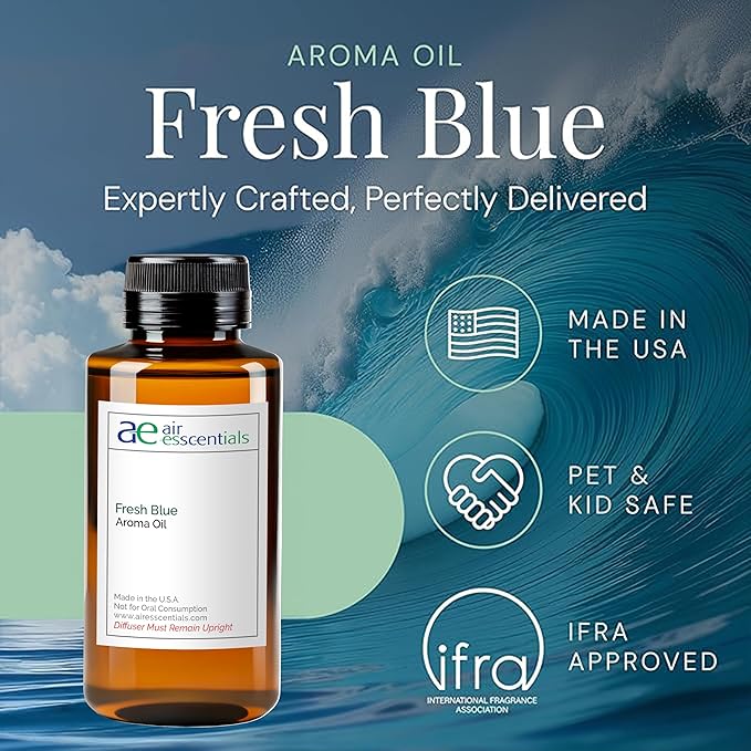 Fresh Blue Aroma Oil, Essential Oils Blend for Diffusers & Scent Machines, Mandarin, Ozone & Cardamom Blend, Aromatherapy, Cold Air Diffuser Compatible, 300 mL