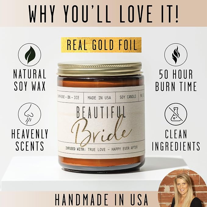 Bridal Shower Gifts Ideas, Best Bridal Shower Gifts for Bride to Be, Bride Gifts - 'Beautiful Bride' Soy Wedding Candle, w/Champagne on Ice I Bachelorette Gifts for Bride I 50Hr Burn, USA Made