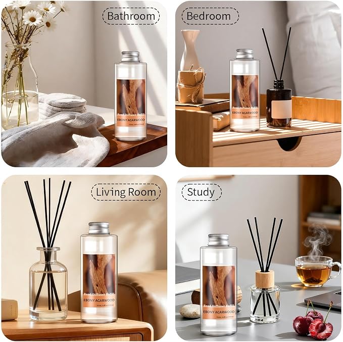 STRN Reed Diffuser Oil Refill, Ebony Agarwood Scented Diffuser Oil Refills with 6 Reed Sticks 200ML(6.8fl.oz), Room Fresheners for Home, Long-Lasting Summer Fragrance for Living Room, Bedroom, Office