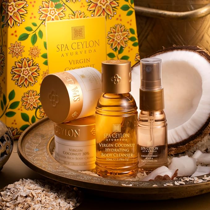 Spa Ceylon Ayurveda Virgin Coconut Discovery Set – 4-Piece Natural Body & Hair Gift Set – Body Cleanser, Ultra-Rich Body Cream, Hair Oil & Face Body Scrub, Cold Pressed Ceylon Coconut