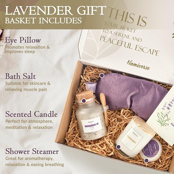 Lavender Spa Gift Baskets for women, Birthday Basket for Female, Mom, Sis, Girlfriend, and Best Friends Baskets for Women, Christmas Gift Sets for Women