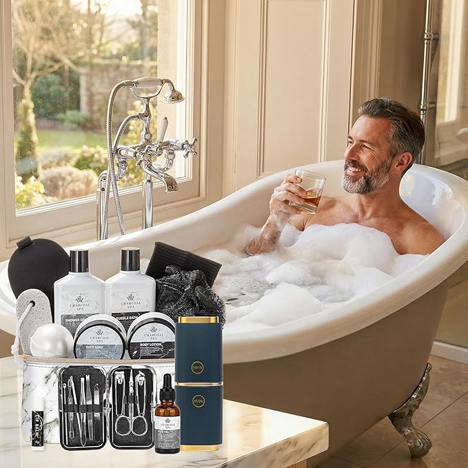 Gifts for Men, 23pcs Fathers Day Gifts for Dad, Spa Gift Basket For Him | Charcoal Bath and Body Gift Basket for Men, Self Care Home Spa Kit, Leather Bag, Skin Care Gift Set, Birthday, Anniversary