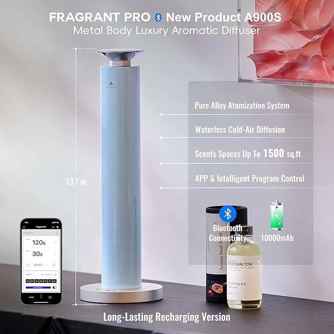 Wireless Rechargeable Hotel Scent Diffuser Kit - 1500 Sq Ft Coverage, Alloy Atomization System,App Control,Waterless Oil Diffuser, Including 6×15ml Essential Oils, for Home,Large Room,Spa, Pastel Blue