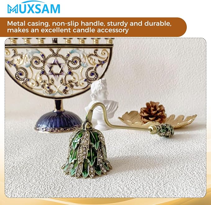 MUXSAM Vintage Candle Snuffer, Candle Extinguisher with Long Handle, Metal Wick Flame Snuffer for Putting Out Candle Flame Safely, Floral Candle Snuffers Accessory for Candle Lovers, Green