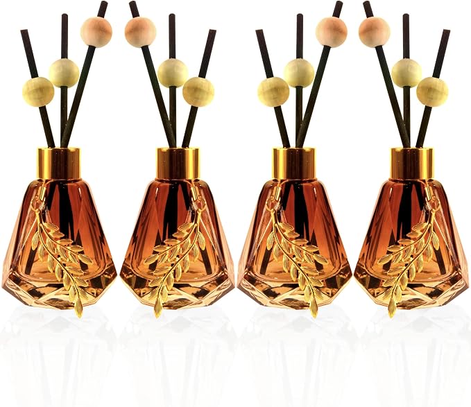Meinvcisi 4 Empty Fragrance Glass Diffuser Bottles, Refillable Diffuser Bottles with 20pcs Reeds Sticks &12 Wood Balls&4 Metal Leaves, Reed Diffuser Set, Diamond Style,60ML, Gradient Brown.