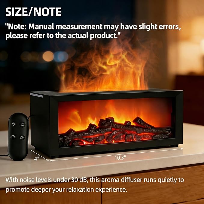 Fireplace Humidifier Diffuser, 7 Colors Flame Diffuser for Essential Oils, Fire Aroma Diffuser with Remote, Ultrasonic Air Humidifiers Aromatherapy Diffuser with Timer for Home, Bedroom, Office, Yoga