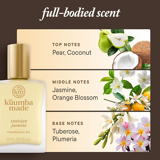 Kuumba Made Tunisian Jasmine Fragrance Oil, Long-Lasting Scented Oil Perfume Roller, Vegan, Alcohol-Free, 0.5 oz
