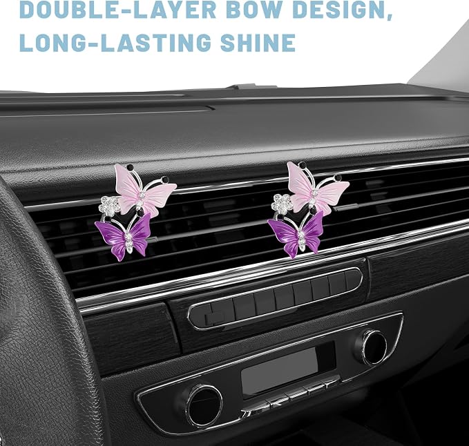 2 PCS Dual Butterfly Diamond Car Air Fresheners, Bling Butterflies Air Conditioning Outlet Clip Fragrance Diffuser, Cute Rhinestone Butterfly Vent Clips for Most Vehicles (Purple)