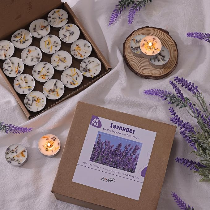 48 Pcs Lavender Scented Tealight Candles, 6H Long Burning - 100% Palm Wax Based Scented Tea Lights with Dried Flowers, Non-Toxic/Smokeless Scented Tea Lights Candles Bulk for Spa, Bath, Wedding