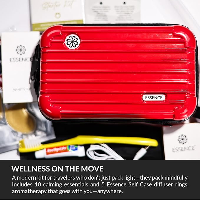 Essence Travel Amenity Kit | Travel Essentials & Travel Size Toiletries Kit | 5-Pack Nasal Diffuser Rings, Sleep Mask, Lotion & Hygiene Kit | Travel Toiletry Kit for Women | Red Case