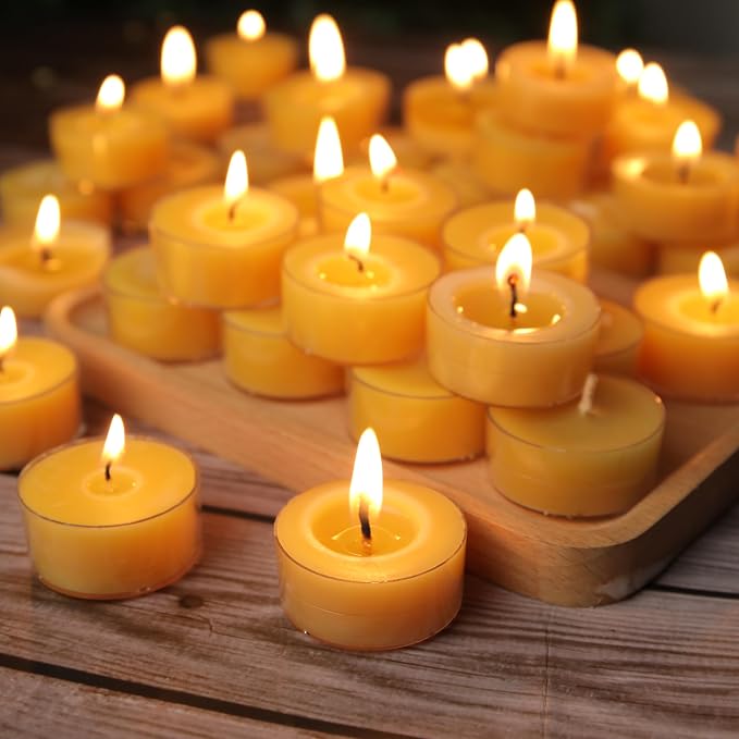 24 Packs Beeswax Tealight Candles- 4 Hour Burn Time Pure Beeswax Candles Bulk Burn Evenly and Clean Smokeless Natural Bees Wax Tea Lights for Relaxing