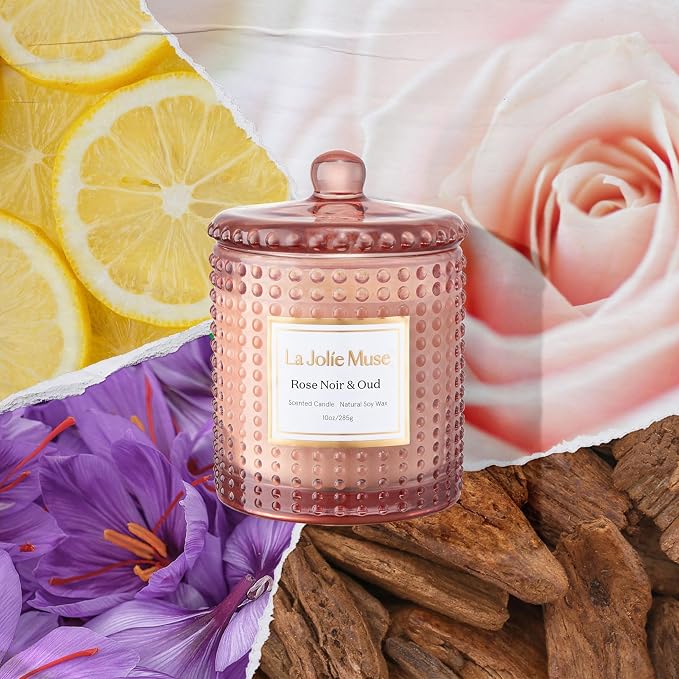 LA JOLIE MUSE Rose Noir & Oud Scented Candles for Home, Natural Soy 55 Hrs | Luxury Jar Candle, Floral Pink Candles, Clean Non Toxic, Decorative Candle for Candle Warmer, Gift for Women, Sandalwood Rose