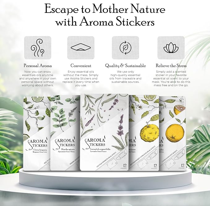 AROMA STICKERS® (Spearmint, Pack of 1) - 100% Natural Essential Oil Scented Mask Stickers for Face Mask & Pillow (12 Stickers/pc) -Pure Essential Oil Scented Mask Patch/Personal Aroma/Relaxing