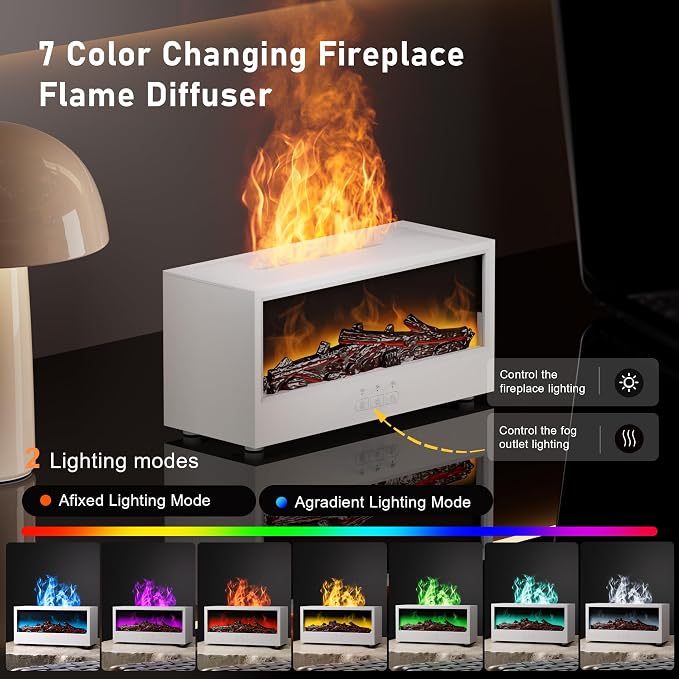 Fireplace Flame Air Diffuser Humidifier,7 Colors Aromatherapy Essential Oil Diffuser, Ultrasonic Aroma Humidifier with Remote Control & Timer for Bedroom, Home, Office, Yoga (White)