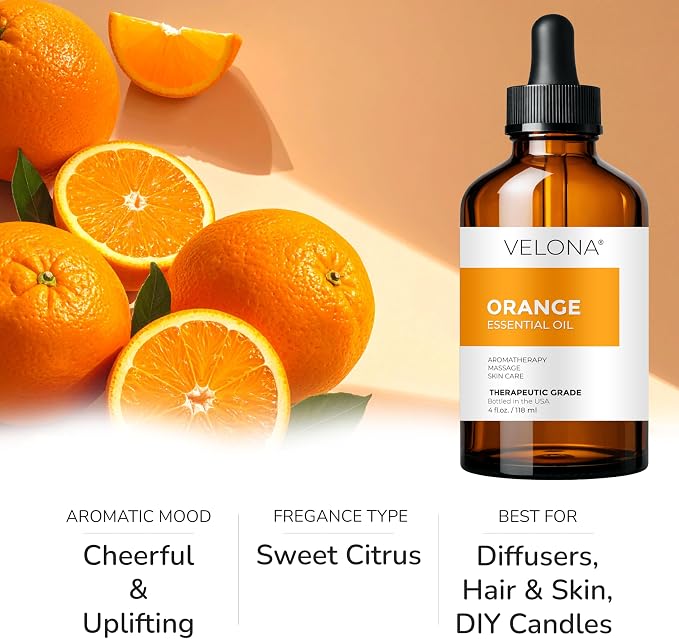 Orange Essential Oil by Velona - 4 Fl Oz | Therapeutic Grade | for Aromatherapy Diffuser, Massage, Skincare, Haircare, Soapmaking | Undiluted