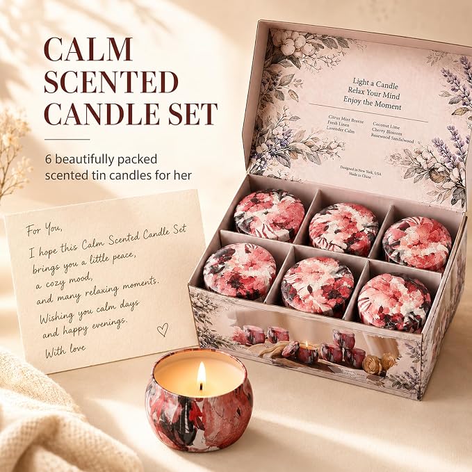 Scented Candles Gift Set for Women, 6 Pack Soy Wax Candle Set in Decorative Tins, 24 oz Total, 180 Hours Burn Time, Floral and Fruity Aromatherapy Candles, Birthday, Thank You, Housewarming Gifts