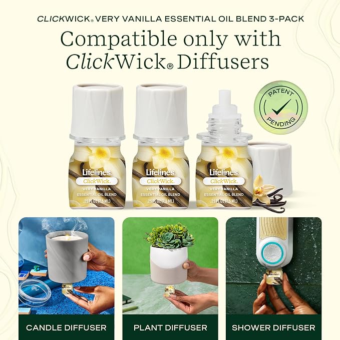 Lifelines ClickWick Essential Oil Blends for Lifelines Diffusers, 3-Pack Very Vanilla Set – Essential Oil Blend Refill for Candle, Plant & Shower Aromatherapy Diffuser – Fragrance for Diffusers
