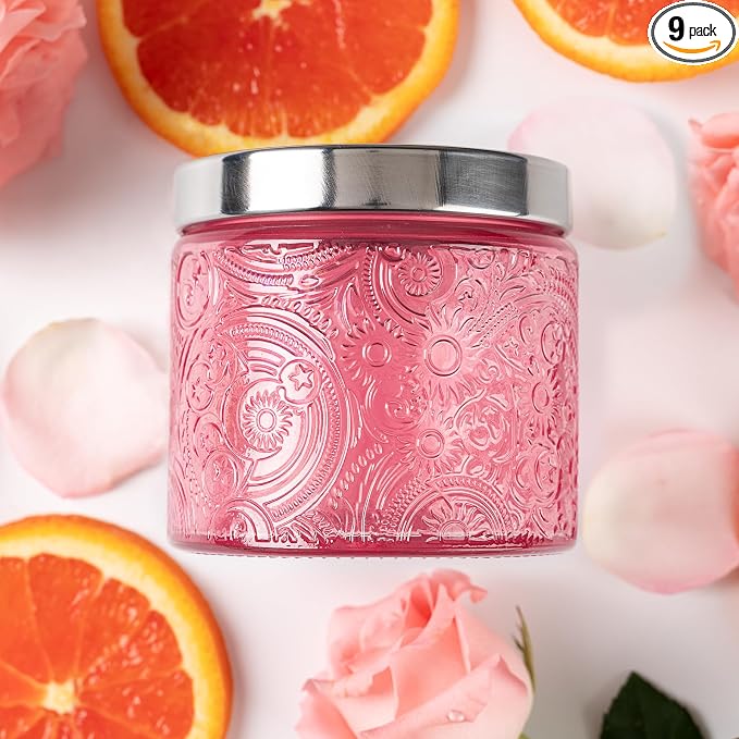 10 oz Pink Sun Moon Stars Candle Jars with Metal Lids, 9 Pack | Patented Embossed Design, Includes Wick Centering Devices & Warning Labels, Multiple Color Options