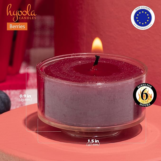 HYOOLA Scented Tealight Candles - Clear Cup - Berries Tealight Candles Scented - 6 Hour Burn Time - 15 Pack - European Made