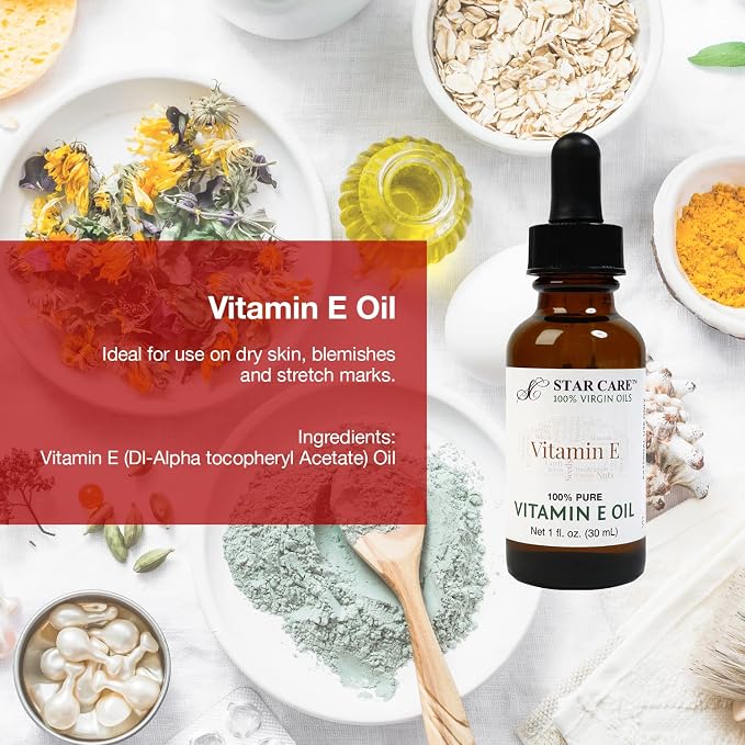 100% Pure Vitamin E Oil for Skin, Face, and Hair 1,000 IU Clear Vitamin E (dL-Alpha Tocopheryl Acetate) - Deep Hydration for Dry Skin, Scars, and Stretch Marks - 1 oz (30ml)