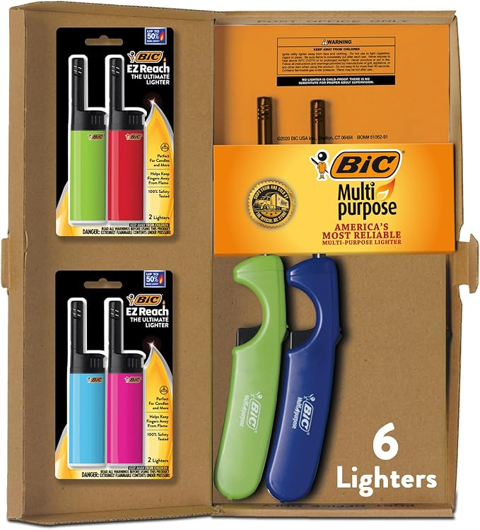 BIC Lighter Combination Multi-Purpose Lighters with Long Metal Wand, Classic Collection, and 4 EZ Reach Candle Lighters, The Ultimate Lighter with Wand, Assorted Colors, Pack of 2