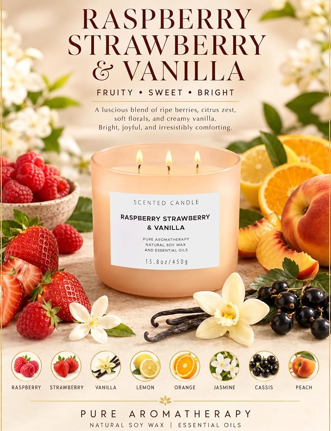 Raspberry Strawberry Vanilla 3-Wick Scented Soy Candle 15.8 oz | Large Sweet Berry Vanilla Scented Candle for Home | Relaxing Aromatherapy Candle | Strong Throw & Long Lasting