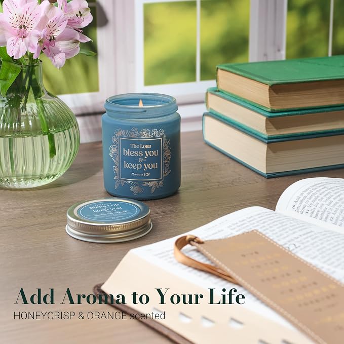 Christian Art Gifts Soy Wax Scented Candle: Lord Bless You Bible Verse, Honeycrisp Orange Scent, Pure Essential Oils, 4.5oz, Up to 20 Hours Burn Time, Glass Jar w/Metal Lid, Encouraging Gift for Women