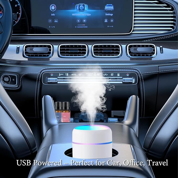 USB Essential Oil Diffuser with 6 Oils, Portable Ultrasonic Aromatherapy Diffuser for Home & Car, Cool Mist, 7-Color LED Night Light, Auto Shut-Off, One-Button Control,3 Colors (White)