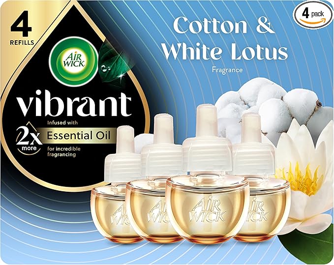 Air Wick Plug-In Scented Oil Refills, 4 Count, Cotton & White Lotus, Air Freshener, Essential Oils